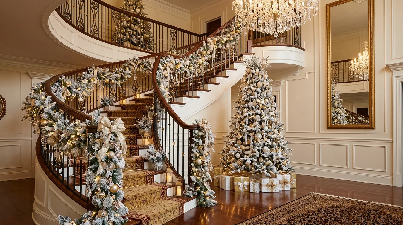 Use flocked or natural greenery based on the room mood inspiration for a Christmas staircase.